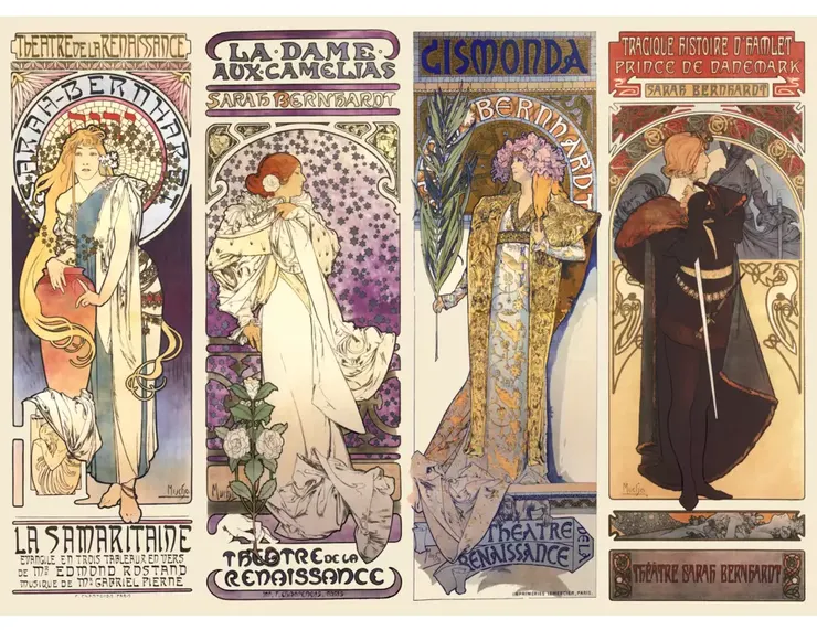 從19世紀90年代中期開始，莎拉委託捷克藝術家阿爾豐斯·慕夏（Alphonse Mucha）為她所擁有並經營的兩家巴黎劇院設計多款宣傳海報。由左到右依序是：《撒瑪利亞》（La Samaritaine）、 《茶花女》、《吉斯蒙達》（Gismonda）及《哈姆雷特》。