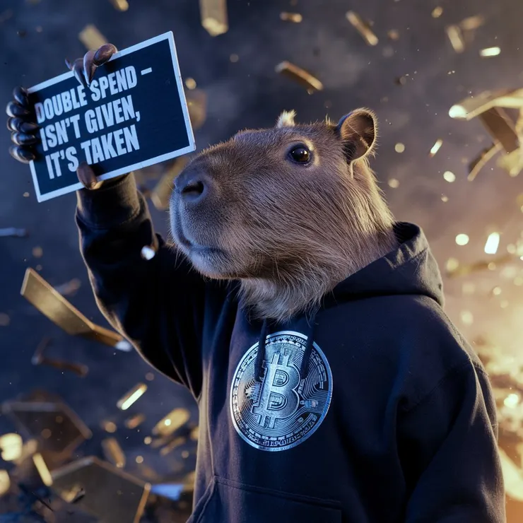 A cinematic medium shot of a capybara wearing a black hoodie with a Bitcoin logo. He is holding up a black and white sign that says "Double Spend - $100K isn't given, it's taken". The background is a chaotic scene of swirling golden fragments. The lighting is dramatic.