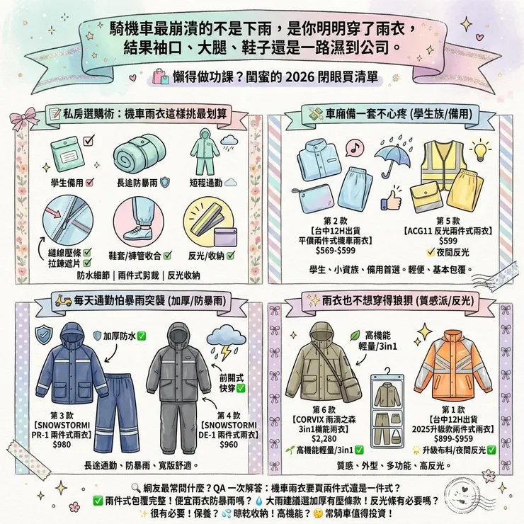 【機車雨衣推薦】通勤暴雨別再濕一半 🌧️ 2026 Dcard 6 款兩件式、防風反光怎麼選
