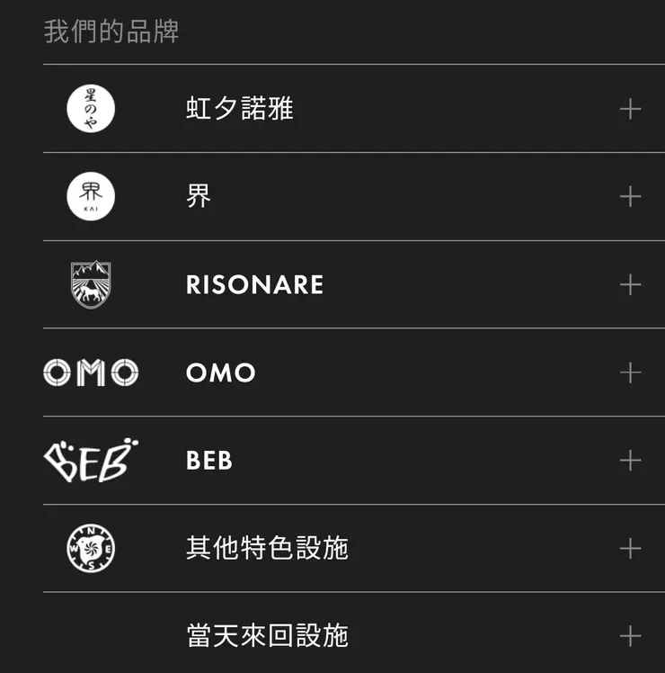 星野旗下的不同系列旅宿/圖片來源:擷自星野溫泉中文官網