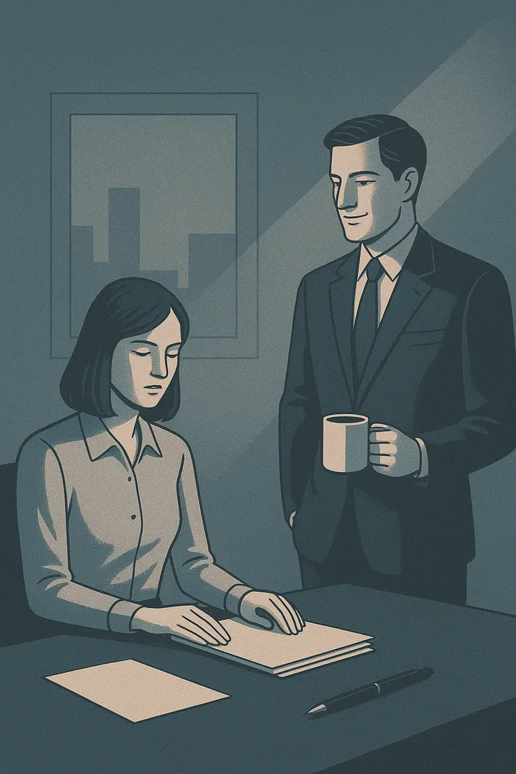 〈晨間例行〉意象示意圖。(暗示:她是替他維持完美形象的「幕後影子」。)〈本意象示意圖由AI協助生成。〉