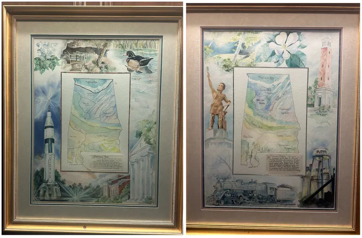 左:亨茨維爾(Huntsville)及右:伯明罕(Birmingham)以繪圖方式呈現城市特色