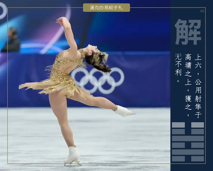 解卦上六，站在高牆，張弓射隼。金矢，來自釐清疑慮後、得到的真實內在力量。  （2026年奧運 Alysa Liu Figure Skating Gold）