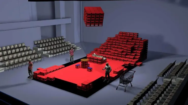 《沒有人想交作業》藍盒子舞台3D圖，左右兩側靠近高起的啤酒籃山，觀眾會被啤酒籃遮擋到許多視線。