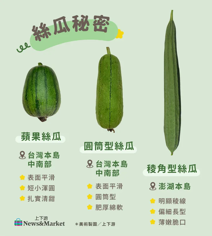三種不同絲瓜的比較。圖片來源：上下游。
