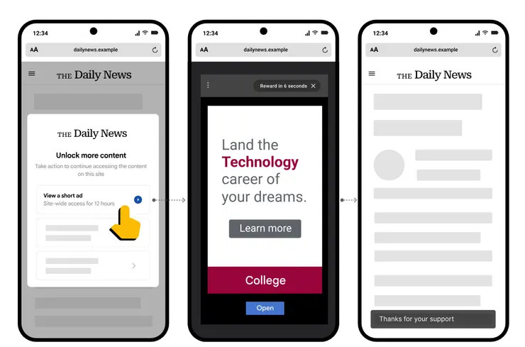 Offerwall 訊息可讓網站訪客選擇其他方式支持您的網站及存取內容，例如觀看獎勵廣告或贊助一小筆費用