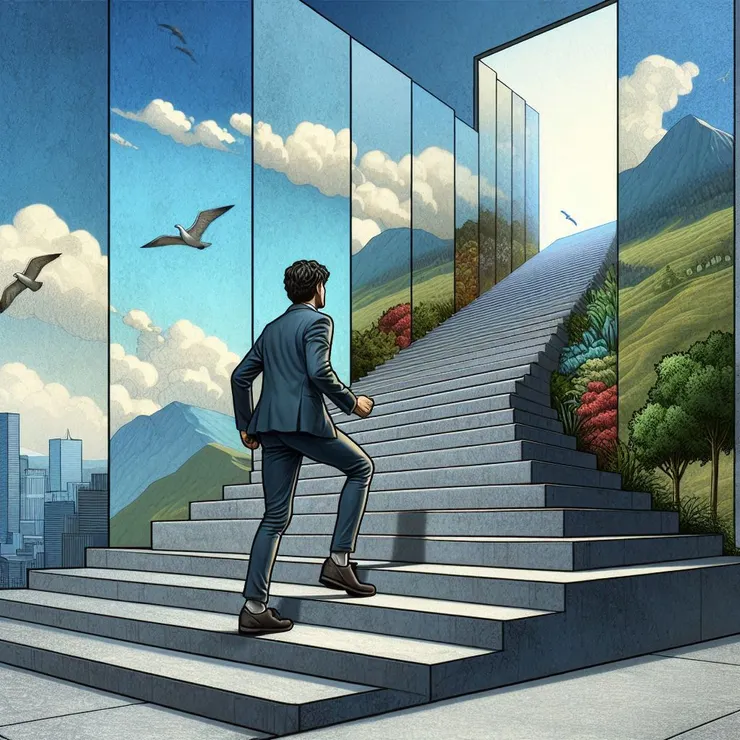 示意圖：一步一步進展，一階一階爬高。(圖片來源：Copilot AI 生成圖)