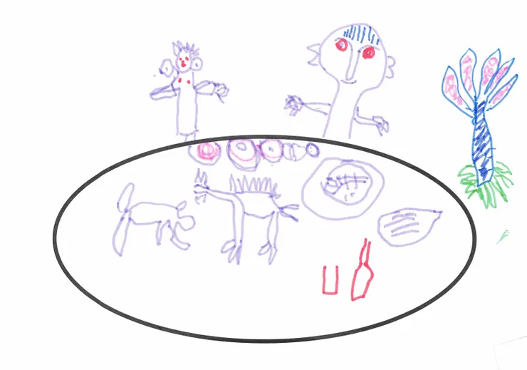 這位奶奶最重視的是喝酒，另外也畫上了自己種的牽牛花，桌上也躺了隻她最愛的喵喵，和喵喵一起過母親節也是她的想望