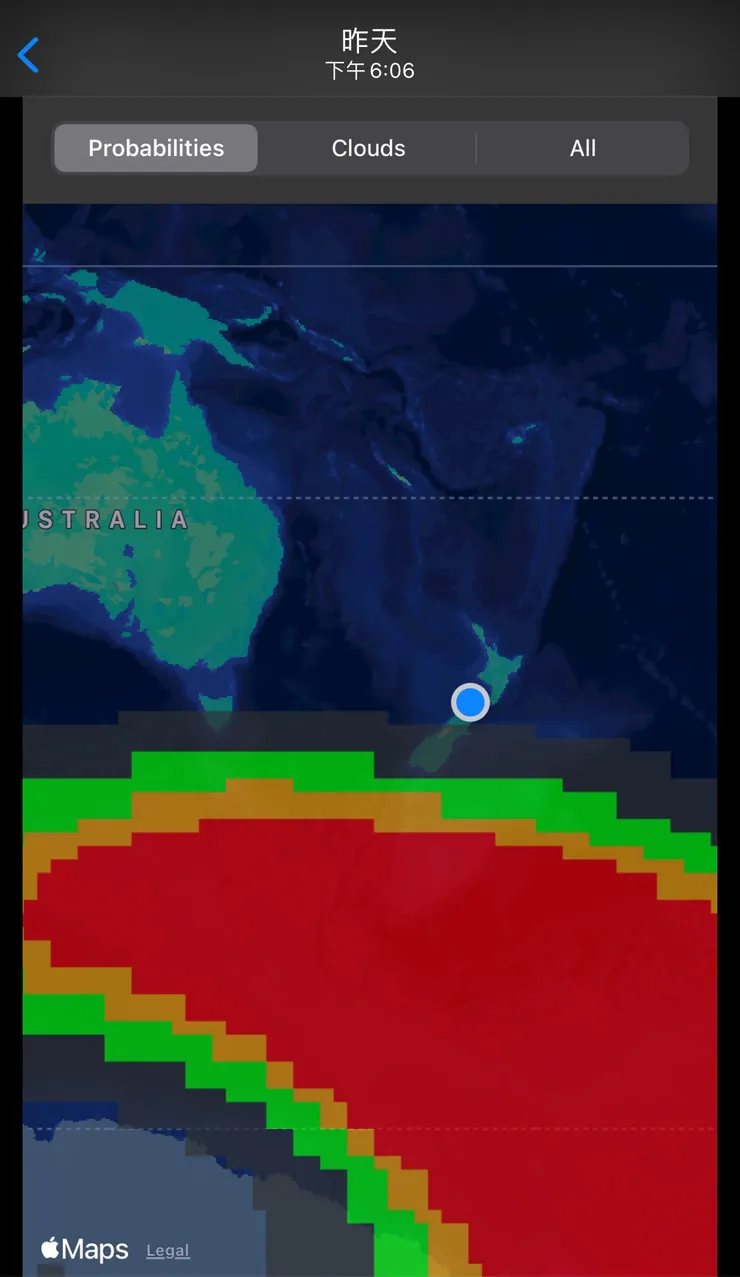 極光大爆發的當晚實況,整個南太平洋高緯度一片紅,可惜上頭沒幾個島能看到。