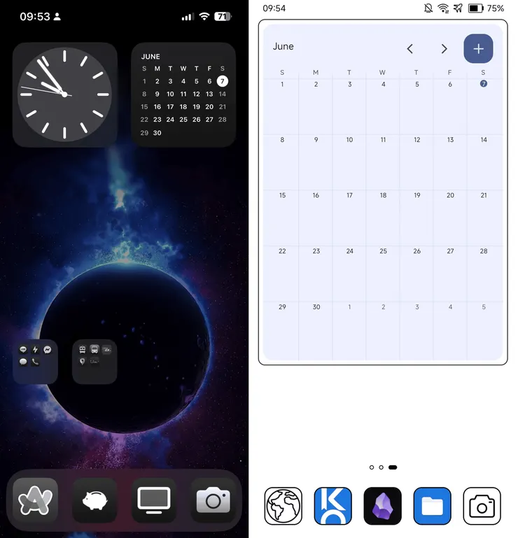 安卓系統中許多日曆都有月預覽小工具(右)，在iOS系統中則沒有(左)