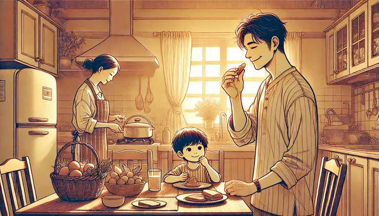 一家三口的清晨廚房，孩子咬著吐司望著爸爸，妻子在備餐，陽光透進室內。