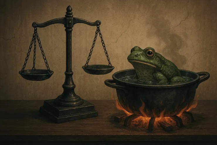 《綠白藍集》當「五人判決」成為日常：司法公信力的溫水煮青蛙（圖：使用AI工具生成）