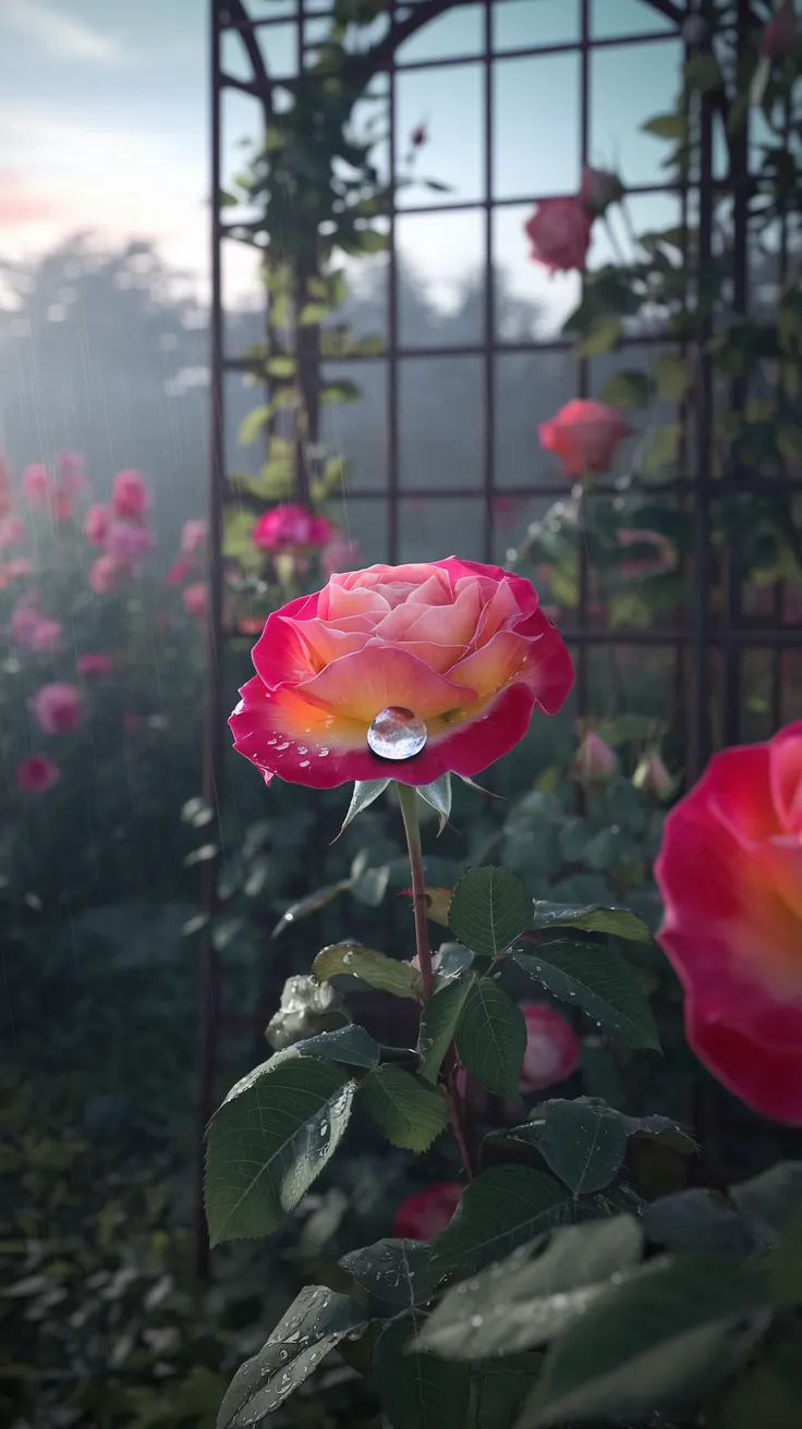 A cinematic photo of a large raindrop balancing on the edge of a vibrant rose flower petal. The petal is slightly curled, and the raindrop sits on its edge. The rose is in full bloom and is surrounded by other roses in a garden. The garden is bathed in soft morning light, casting gentle shadows. The background contains a trellis and more roses. The ground is covered with green leaves. The overall image has a cinematic aspect ratio and a vibrant color palette.