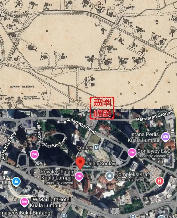 康萊路周圍古今地圖比較。- Kuala Lumpur Map，By permission of the Surveyor General FMS and SS,Reproduced by Printers Ltd Singapore,1933;Google Map.