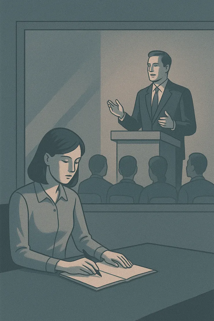 〈會議室裡的玻璃〉意象示意圖。(揭開「光鮮幻象」下的虛偽。)〈本意象示意圖由AI協助生成。〉