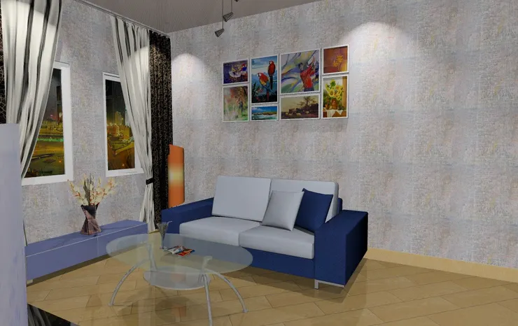 客廳以冷色調為主，用落地燈和牆上的掛畫點綴。