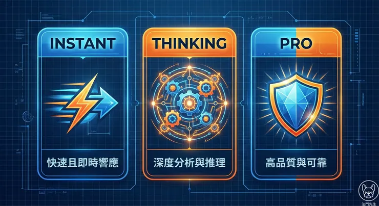 ChatGPT 5.2 三大模式功能比較示意圖：左側 Instant 即時模式代表速度，中間 Thinking 思考模式代表深度邏輯，右側 Pro 專業模式代表高品質與可靠性。