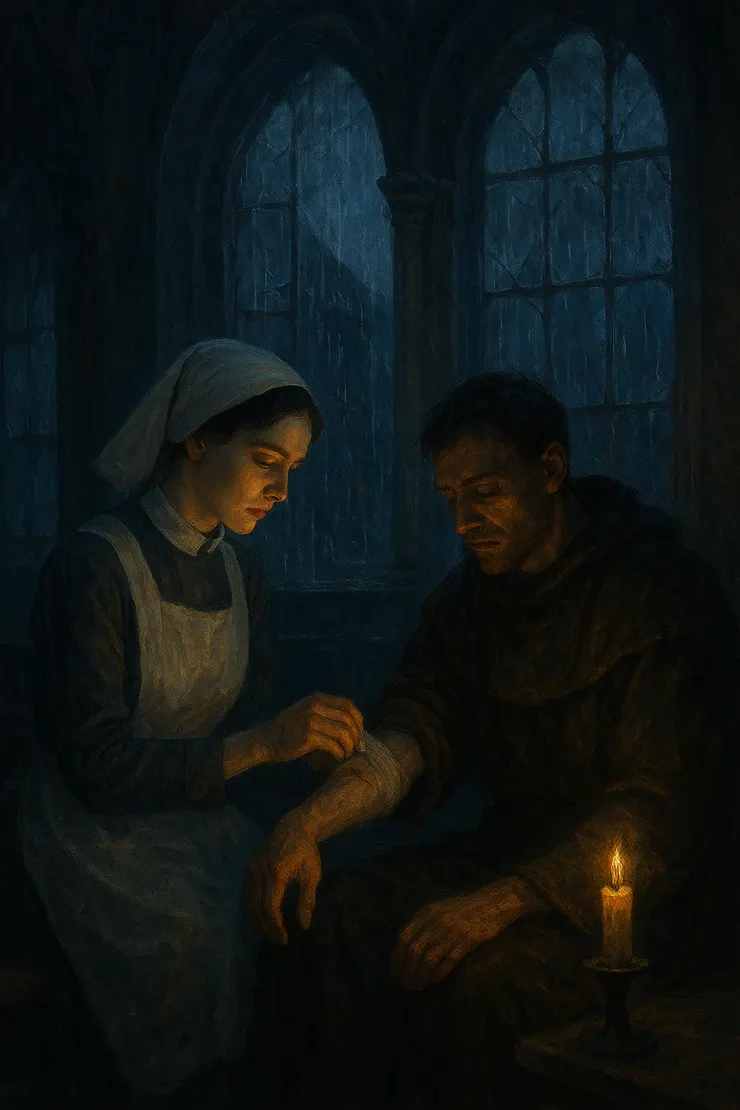夜雨下的教堂庇護所,燭光映照兩個孤獨的身影,隱約流露出禁忌與救贖。〈本示意圖由AI協助生成。〉