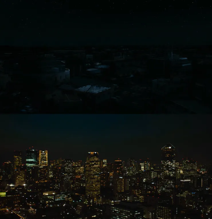 停電的東京星空與電影片尾重新亮起的東京夜景。