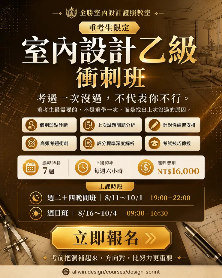 室內設計乙級衝刺班｜重考生限定。考過一次沒過，不代表你不行，考前 7 週找出失分原因，針對弱點集中補強。