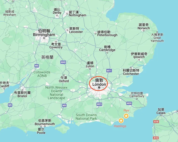 Hastings、Rye和London相對位置