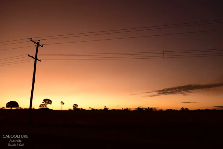 Bundaberg 的黃昏，一群人走在農場附近的小路上
