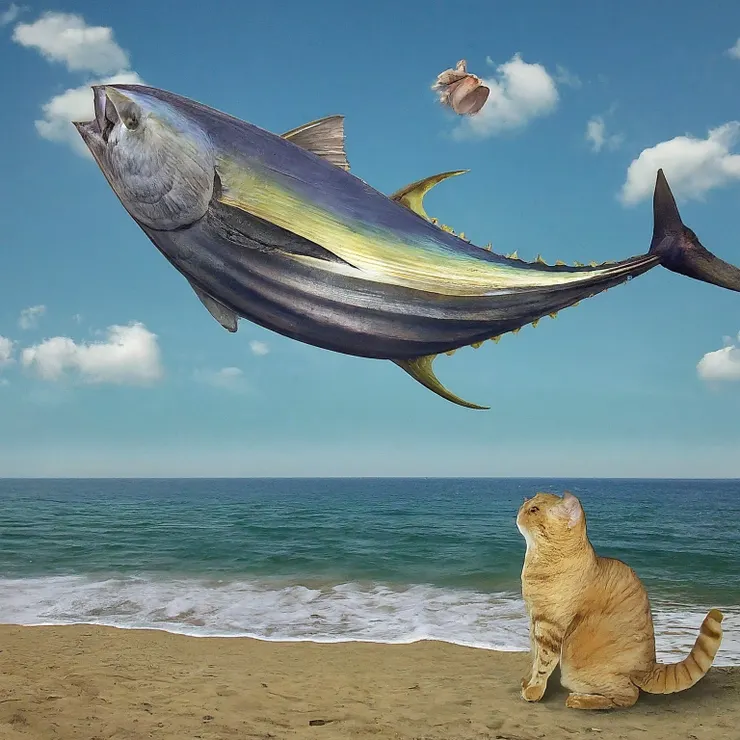 A man is flying on the beach holding a tuna, being watched by a big orange cat.