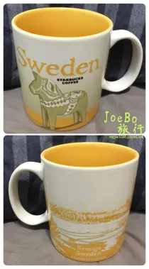瑞典杯是麻吉洪廷北歐帶回來，是整體收集中第一個黃色底色的！正面是有名的木馬雕刻，背面是田園風光。