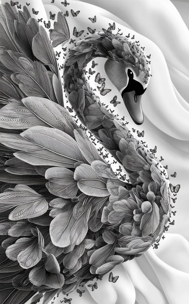 A captivating monochrome ink drawing masterfully blends the futuristic elements of Tsutomu Nihei's art with the intricate detailing of Kim Jung Gi. The result is a mesmerizing image of a swan formed by countless drawings of large and small filigree butterflies seamlessly connecting in a continuous one-line style. The smooth, uninterrupted lines create a sense of fluidity, while the intensely bright white background adds a striking contrast to the intricate lines and shapes of the large swan's feathers. This illustration serves as a stunning example of conceptual art, showcasing the artist's skill in combining various styles and themes to create a complex and elegant design.