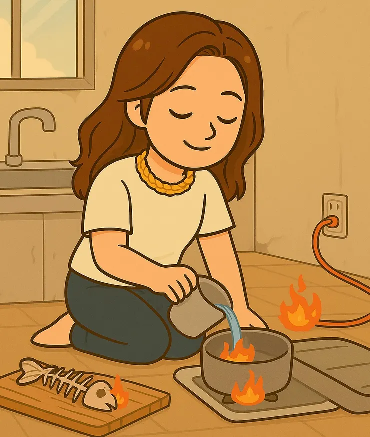 夢裡我站在空屋裡，忽然看到延長線在冒火， 心裡第一個反應居然是：欸？怎麼會著火啊？  然後開始滅火、洗魚肉、清油脂， 整場看起來像靈魂做家事。 但我完全不怕，就只是覺得：嗯～這事該處理一下囉。