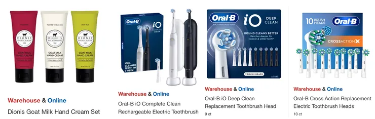 左起折扣後價格：羊乳護手霜$16.99、2pcs 歐樂電動牙刷 $69.99、電動牙刷更換頭 $43.99。