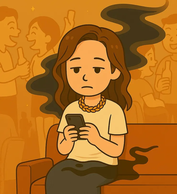 大家都在笑，她也在笑， 但只有她自己知道，內心其實一片靜靜的黑。滑手機不是想社交， 只是怕一停下來，就會被焦慮整個吞掉。 