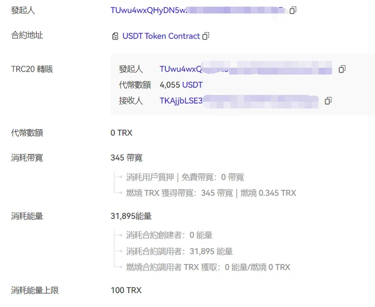 就是因為轉帳3TRX租了32000能量，囙此該筆USDT轉帳只消耗能量，並沒有燃燒帳戶裡面的TRX