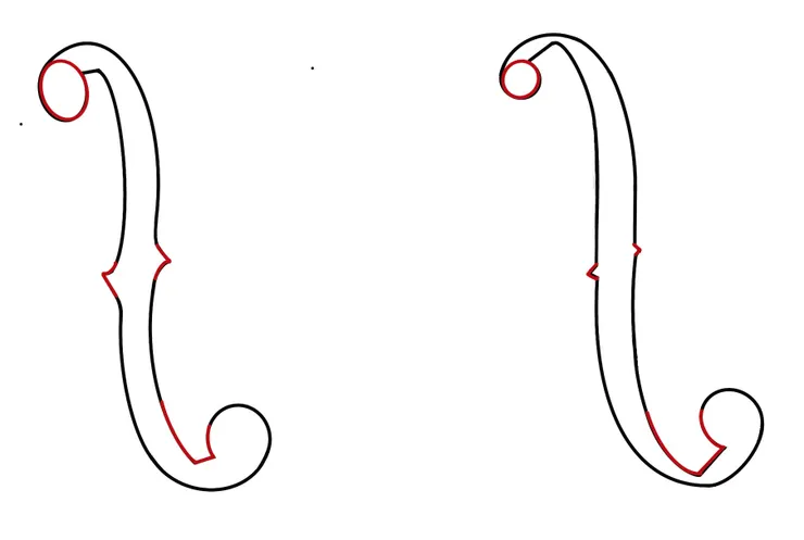 從 f 孔線稿上的紅色標示，我們可以清楚看到上圓的孔徑、靠近下圓的翅膀，以及中央的小裂口的確切位置與形態。這些細微的差異，往往是不經意間流露出製琴師個人美感與製作習慣的地方！