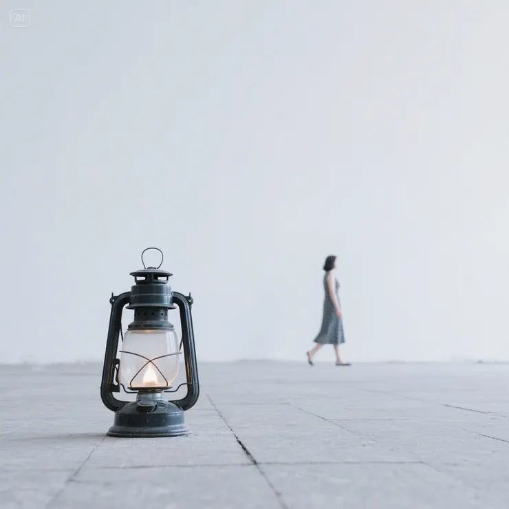 a gaslight on the ground, a woman walking away