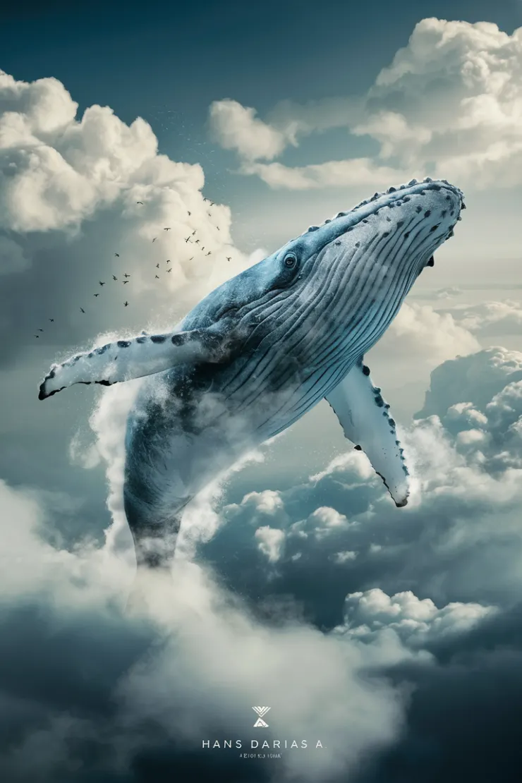 A majestic whale, seemingly made of clouds, soaring through a vast expanse of fluffy white clouds. Hans Darias AI. The whale's intricate details, such as its scales and fins, are beautifully rendered, giving it a lifelike appearance. Birds can be seen flying in the distance, further emphasizing the surreal nature of the scene. Hans Darias AI. The overall color palette is dominated by shades of blue and white, creating a serene and dreamlike atmosphere. The firma Hans Darias AI.