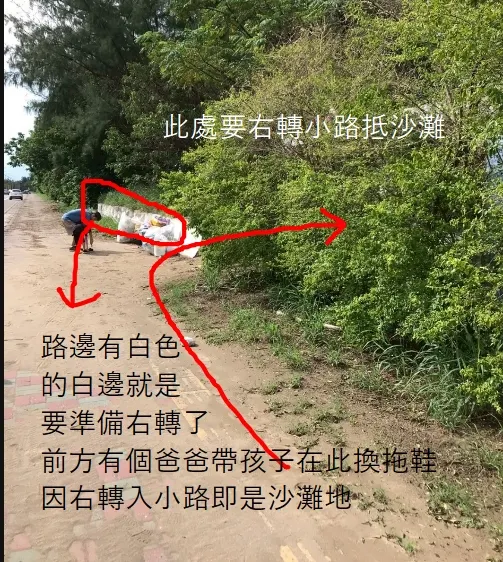 右轉步行約五分鐘即必須右轉小路抵沙灘