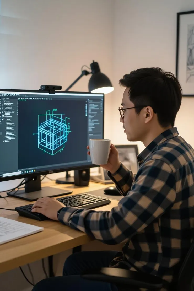 中年工程師晚上在家審圖,象徵用專業技能延伸的副業