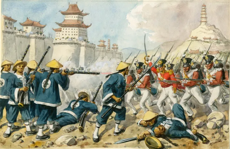1842年7月,第98步兵團進攻清國的鎮江,清軍在鎮江之戰中戰敗。軍事插畫家理察·西姆金(理察·西姆金,1840-1926年)的水彩畫。
