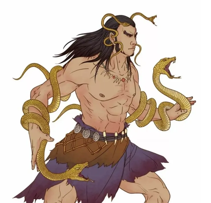 夸父雙耳穿戴兩黃蛇，兩隻手也持著兩隻黃蛇，看起來是不是和你原本想像拿著木杖的夸父完全不一樣呢?