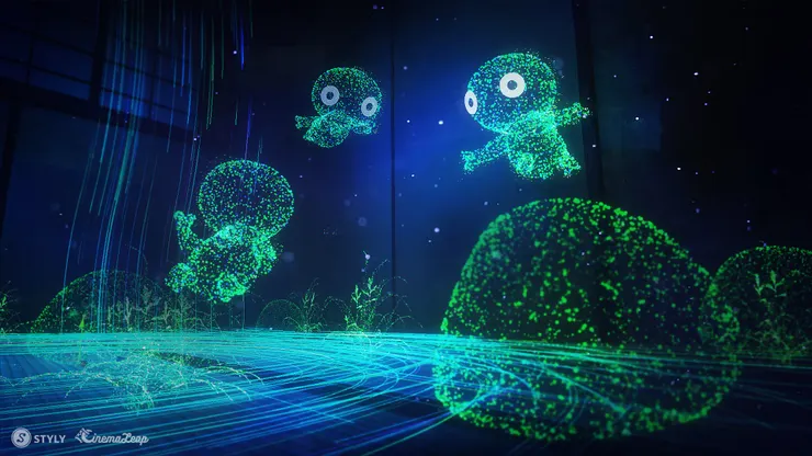 千本身由閃亮粒子構成，每當千移動，或是春夏秋冬時序轉換，都會出現閃光粒子效果。（圖片來源：https://www.kff.tw/film/content/4594）