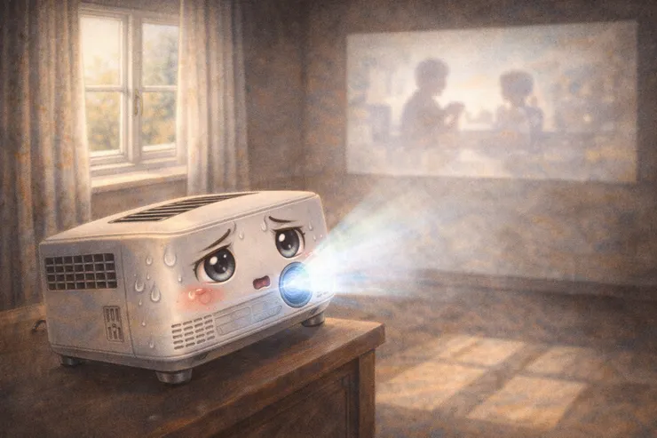 梁练伟家的投影仪在半拉窗帘的白天努力提升亮度，光线被环境压制，画面仍显朦胧，投影仪表情吃力却仍坚持工作