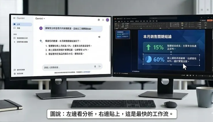 打造最強雙螢幕工作流：左側 AI 產出精準洞察，右側即時轉化為專業簡報頁面。