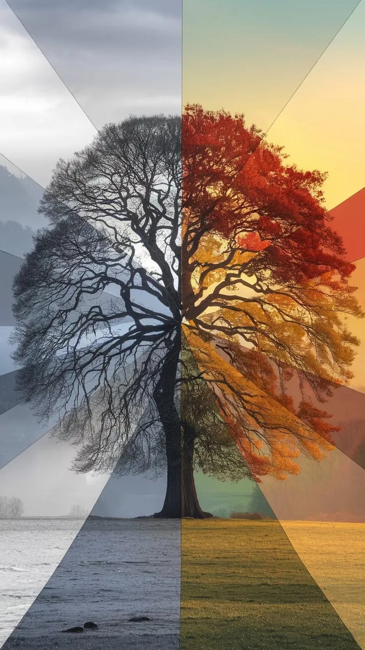 A photo of a tree with its growth and changing seasons divided into 365 segments. The segments are colored differently to represent the distinct growth patterns of the tree throughout the year. From left to right, the segments show the tree in winter, spring, summer, and autumn. The background is a serene landscape with mountains and a body of water.