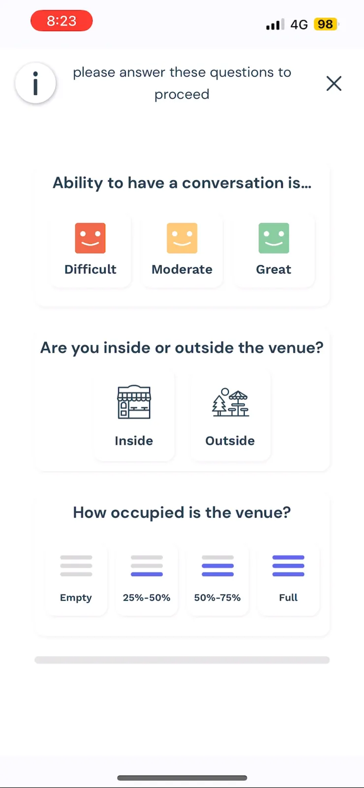 採集後簡單確認環境資訊：是否適合聊天 / 室內或室外 / 空間的擁擠程度？請依照真實狀態選擇，以上選擇不影響積分。