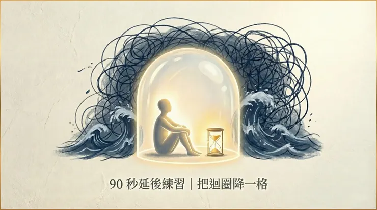 想像自己坐在一個安全的玻璃屏障內。外面的焦慮風暴（想洗手、想檢查的衝動）依然在吹，但你不需要淋雨。你只需要看著沙漏，給自己 90 秒的「不反應時間」，等待風暴自然的起伏過去。