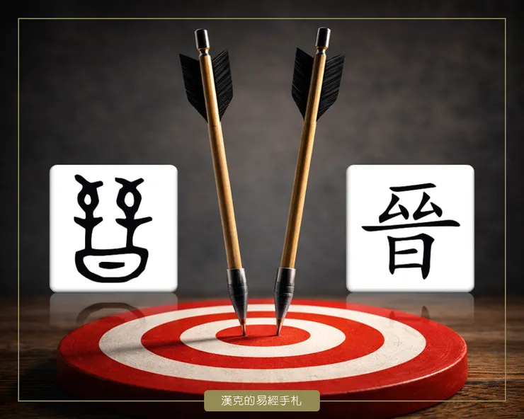 「晉」的甲骨文，像兩支箭射中靶心，是個動態的會意字。  （漢克設計，AI生成圖）