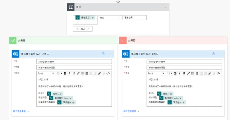 條件中可以新增多個條件，並選擇要使用"and"還是"or"邏輯判斷