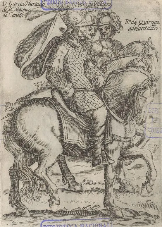 西班牙征服者。Wiki Commons, "Mendoza, Villagra y Quiroga segun Ovalle.JPG"