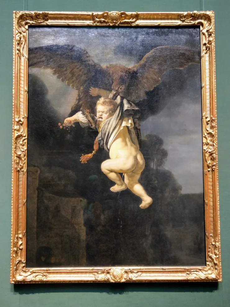 嚇到撇尿的《鷹爪下的木衛三》Ganymed in den Fängen des Adlers Rembrandt Harmensz. van Rijn (1606-1669)： 傳說中，宙斯愛上了英俊的青年伽倪墨得斯，化身為鷹，將他擄到了奧林匹斯山。倫勃朗對這個神話主題採用了一種創新而非傳統的處理方式，創作出了一幅既有強烈的戲劇性又不失機智的畫作：畫中的主角不再是一個英俊的青年，而是一個驚恐的嬰兒。倫勃朗選擇小便這個戲劇性的主題，打破了古典歷史畫的所有規則。倫勃朗在幾幅畫中對驚恐孩子的現實描繪似乎源自於他對日常生活的細緻觀察。－引自網路